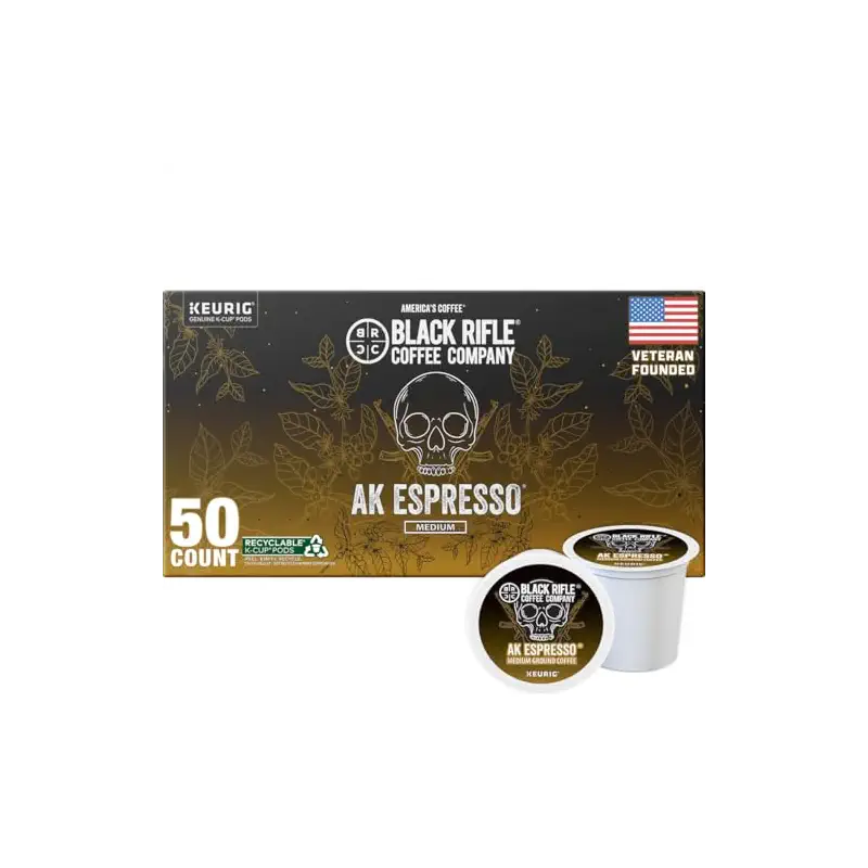 Black Rifle Coffee Company AK Espresso, 50 Count, Medium Roast K Cups - Single Serve K Cups Coffee Pods - Kcup Pods Compatible with all Keurig machines - Made from Arabica Beans