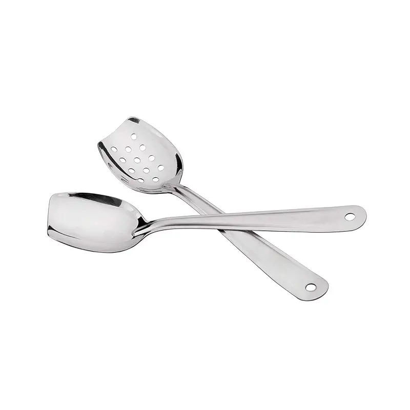 IMEEA 10 Inch Flat Bottom Scraping Cooking Spoon Set of 2, 18/8 Stainless Steel Slotted & Solid Stirring Spoon, Flat Edge Kitchen Spoon for Stir Fry, Sauce, Soup, Instant Pot