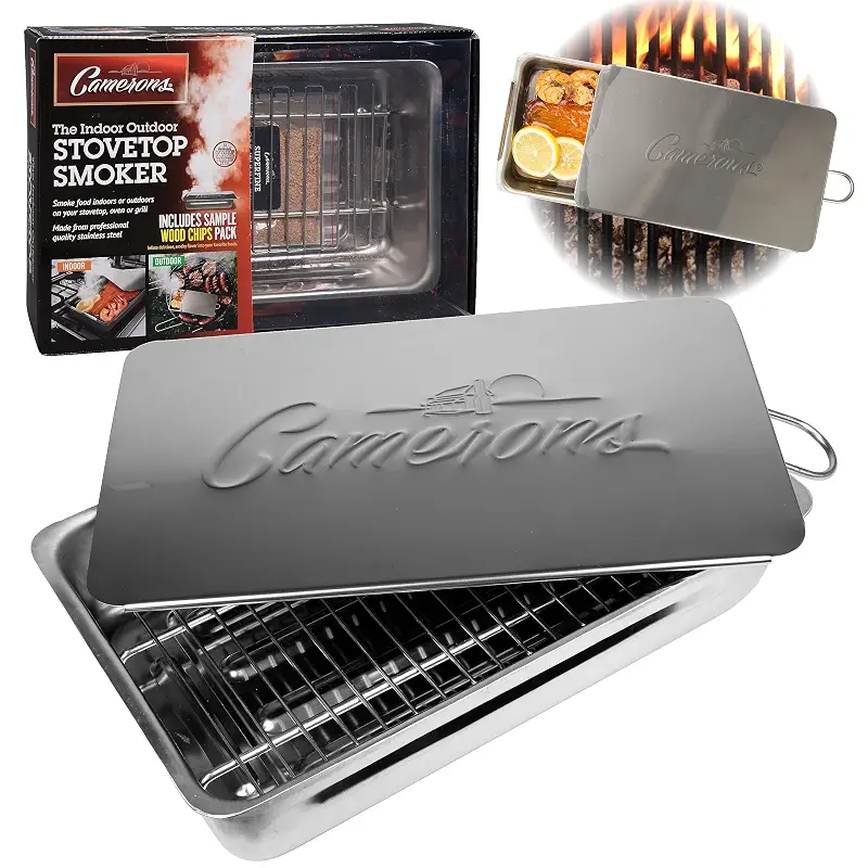 Camerons Indoor Outdoor Stovetop Smoker, Oak Wood Chips & Recipe Guide | Stainless Steel Barbecue Smoker Box Works on Any Stovetop, BBQ Gas or Charcoal Grill for Smoking Meats, Grilling Gift for Men