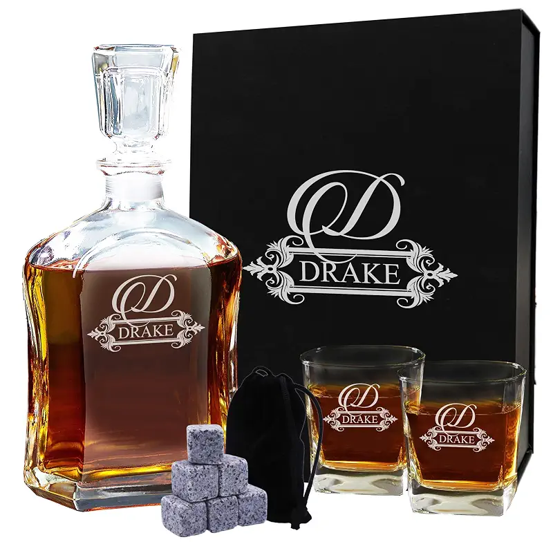 My Personal Memories, Custom Personalized 23 oz Liquor Decanter, Engraved Glass Whiskey Bottle with Name (Fancy Design)