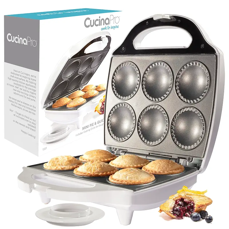 Mini Pie & Quiche Maker, Electric Baker Cooks 6 Small Quiches or Pies | Includes Dough Cutting Circle for Easy Measurement- Better than Tin Pan- Baking Dessert Gift for Her, Summer Brunch Must Have