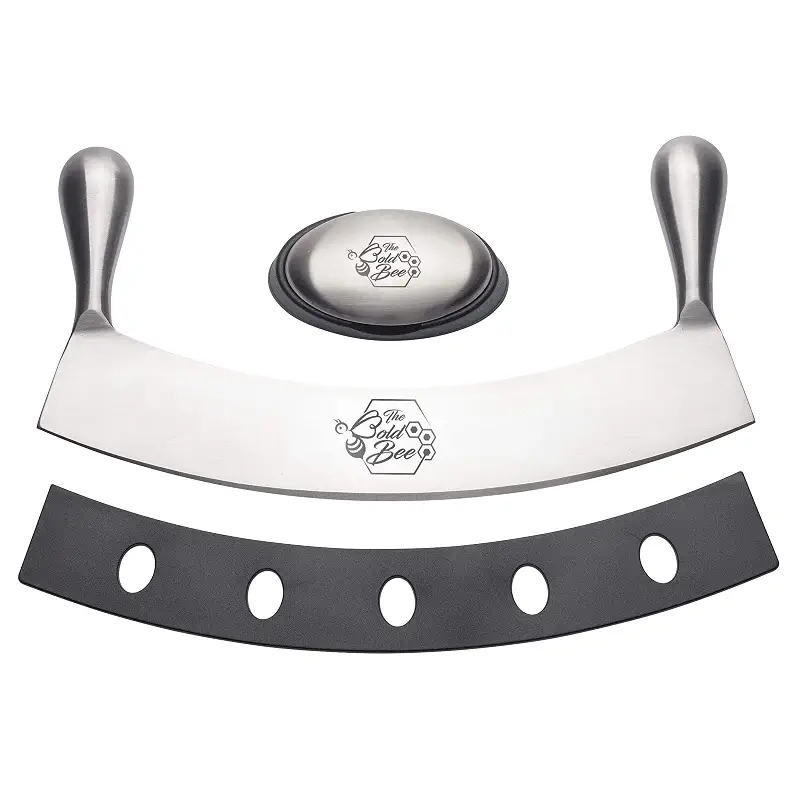 The Bold Bee's Most Popular 12" Mezzaluna Knife & Cover + FREE Stainless Steel Soap Odor Remover Neutralizer | Pizza Cutter | Fruit, Vegetable & Salad Chopper & Dicer | Herb Mincer
