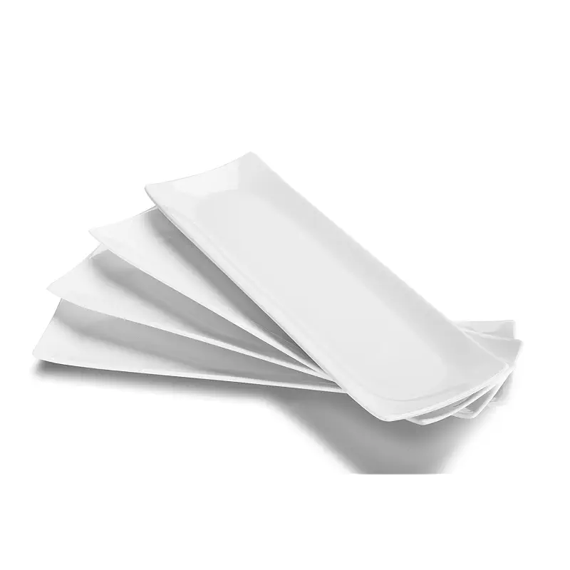 DOWAN 14" Sushi Plate Set of 4 - Long Rectangle Plates and Cracker Trays for Serving - White Ceramic Platters for Party and Entertaining - Dishwasher & Oven Safe