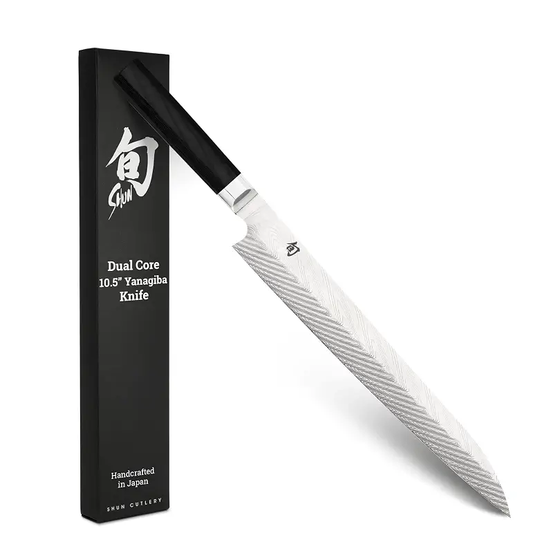 Shun Dual Core 10.5" Yanagiba Knife, Handcrafted Japanese Sashimi Knife, VG10 and VG2 Damascus Steel Blade, Pakkawood Handle, Versatile Japanese Kitchen Tool | Handcrafted Japanese Sashimi Knife, VG10 and VG2 Damascus Steel Blade, Pakkawood Handle.