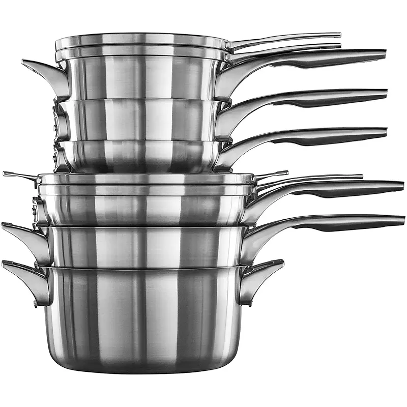 Calphalon Premier Space-Saving Stainless Steel Pots and Pans, 10-Piece Cookware Set | Stackable Space-Saving Pots and Pans Set with Stay Cool Handles and Aluminum Core for Even Cooking