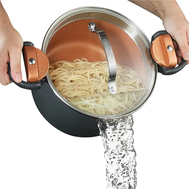 Gotham Steel 5 Quart Stock Pot Multipurpose Pasta Pot with Strainer Lid & Twist and Lock Handles, Nonstick Ceramic Surface Makes for Effortless Cleanup with Tempered Glass Lid, Dishwasher Safe | Twist and Lock Handles, Non Toxic Ceramic Non Stick Coating, for Cooking Soup, Spaghetti, Rice, Dishwasher Safe - Copper