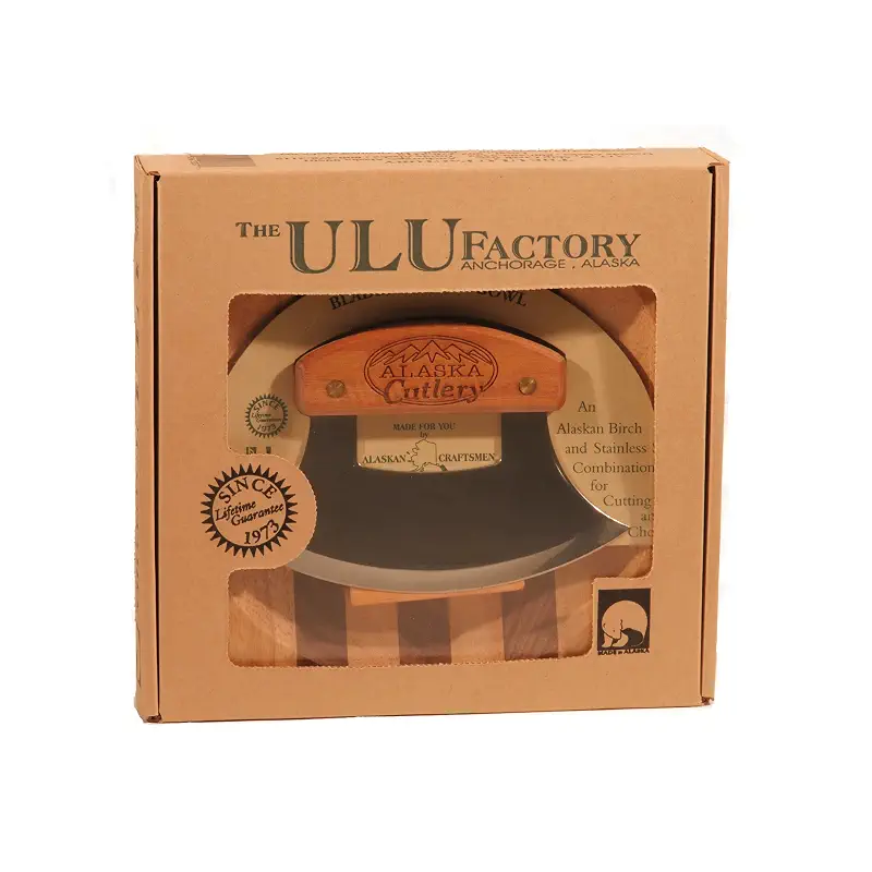 Alaska Ulu Knife Set Curved Knife with Wood Handle plus Chopping Board Mezzaluna Made in Alaska USA Ulu Factory