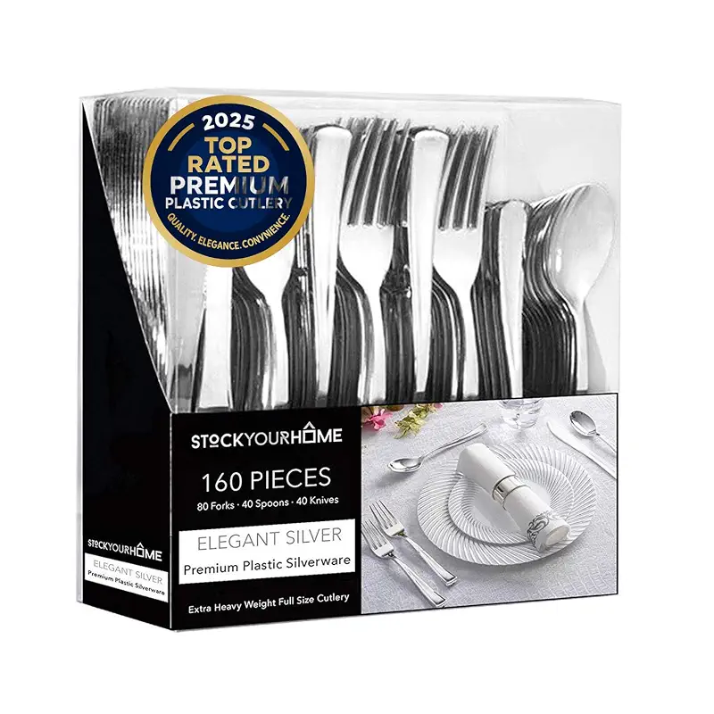 160 Pack Silver Plastic Cutlery Disposable Silverware - 80 Forks, 40 Knives, 40 Spoons - For Catering, Parties, Dinners, Weddings, and Everyday Use, Stock Your Home