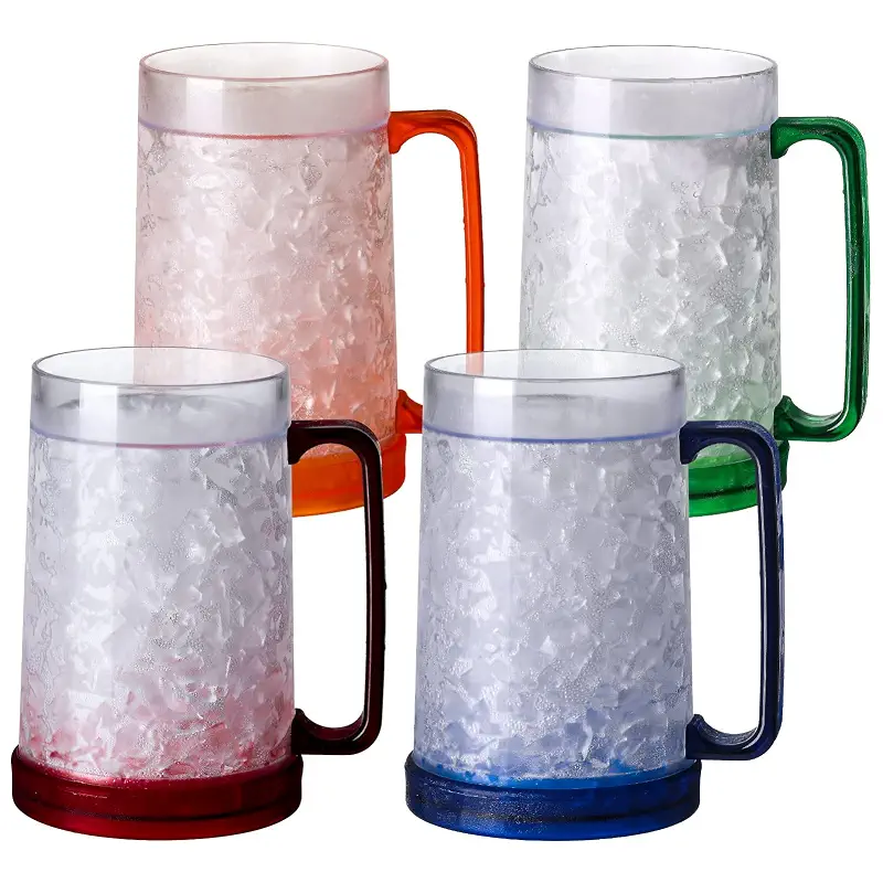 Double Wall Gel Frosty Freezer Ice Mugs Clear 16oz Set of 4 (Blue, Red, Orange and Green)