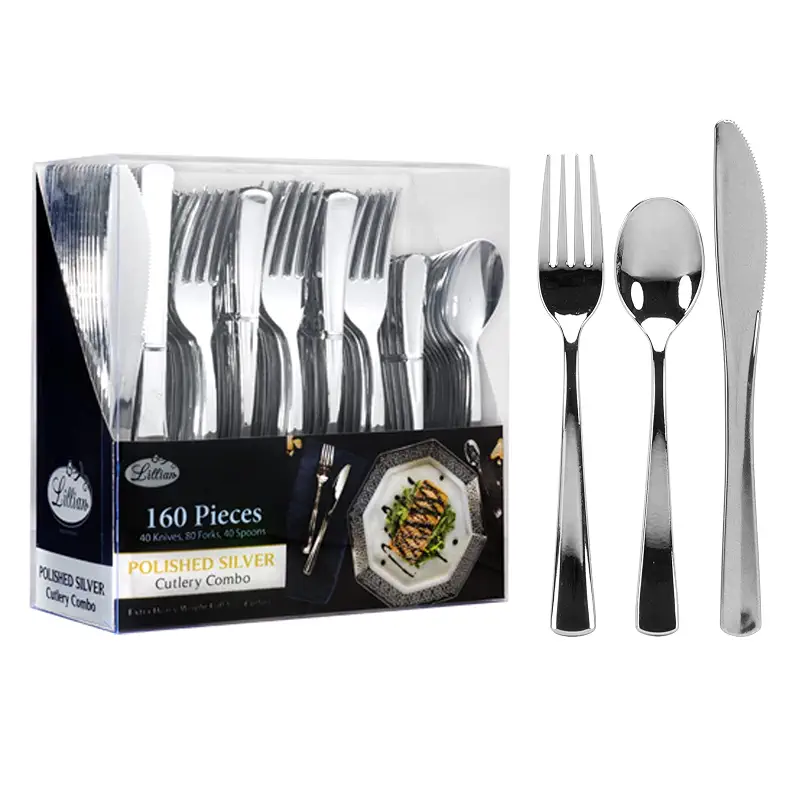 Plastic Cutlery Silverware Extra Heavyweight Disposable Flatware, Full Size Cutlery Combo, Polished Silver, 80 Forks, 40 Spoons, 40 Knives, Value Pack 160 Count