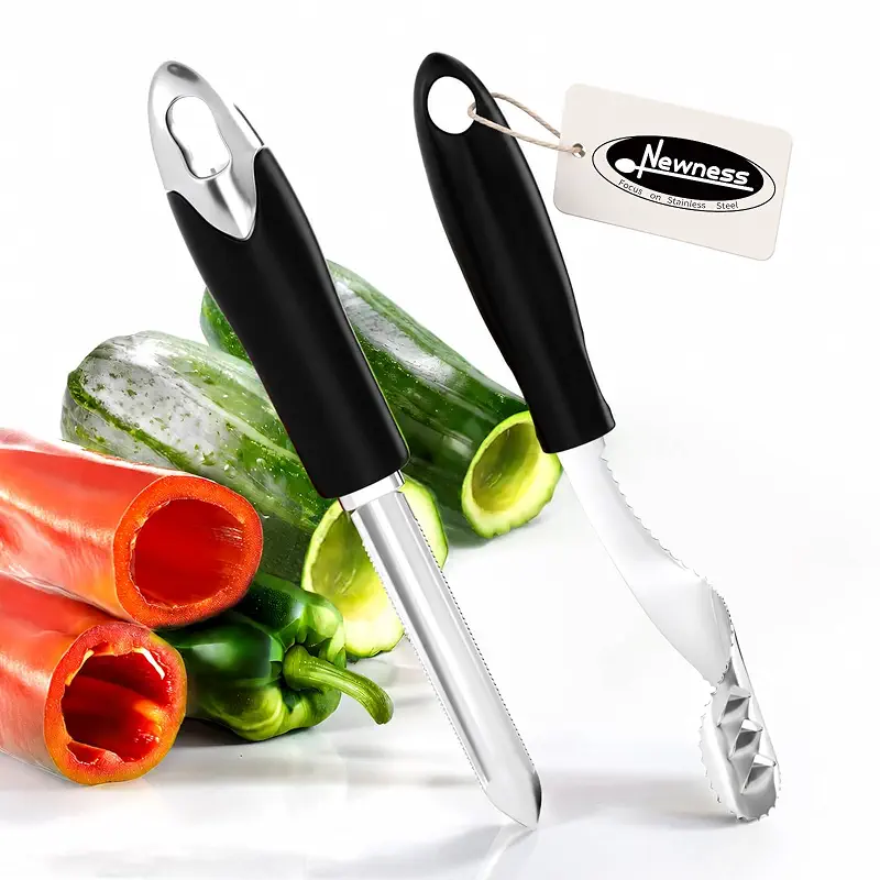 Jalapeno Pepper Corer & Zucchini/Cucumber Corer, Set of 2, Newness Stainless Steel Core Deseeder Kitchen Tool with Serrated Slice and Rubber Handle, Easy for Seed Remover or Slice off Vegetables tops