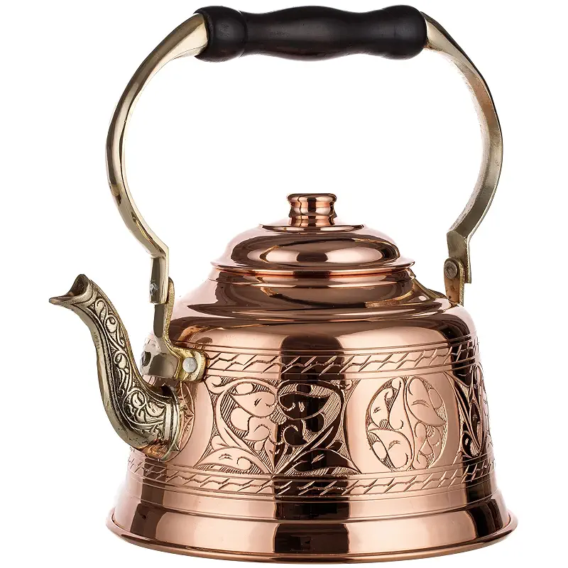DEMMEX Heavy Gauge 1mm Thick Engraved Solid Copper Tea Pot Kettle Stovetop Teapot, Handmade (1.6-Quarts - Engraved)