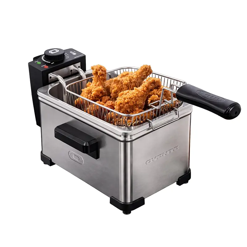 OVENTE Electric Deep Fryer, 2L Capacity, 1500W, Silver FDM2201BR | Lid w/ Viewing Window and Odor Filter, Adjustable Temperature, Removable Frying Basket and Easy to Clean Stainless Steel Body