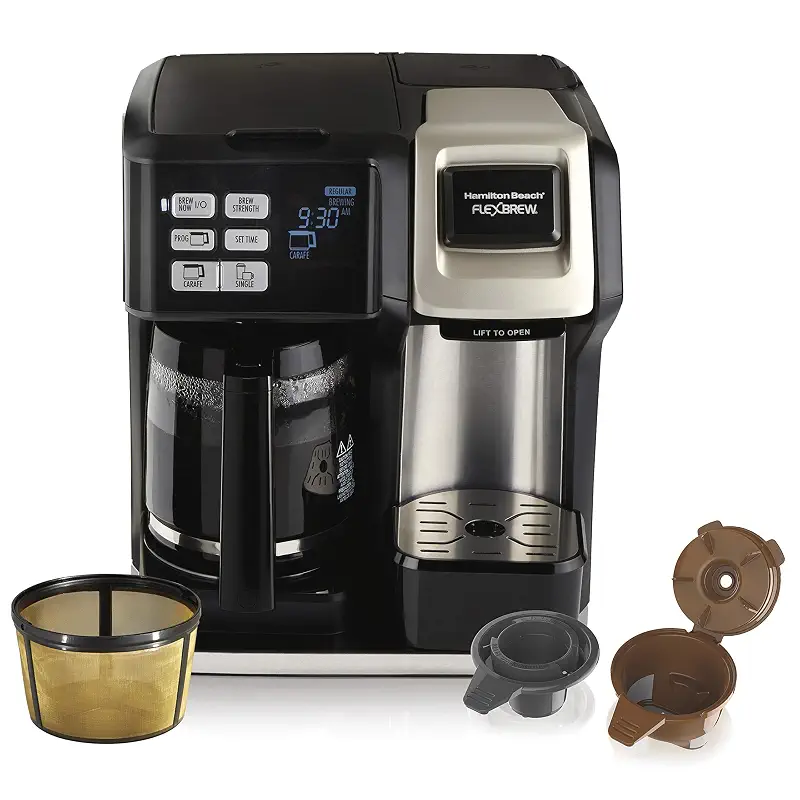 Hamilton Beach FlexBrew Trio 2-Way Coffee Maker, Compatible with K-Cup Pods or Grounds, Single Serve & Full 12c Pot, Permanent Gold-Tone Filter, Black & Silver | K-Cup pods or grounds, Single serve or 12-cup carafe, Gold-tone filter