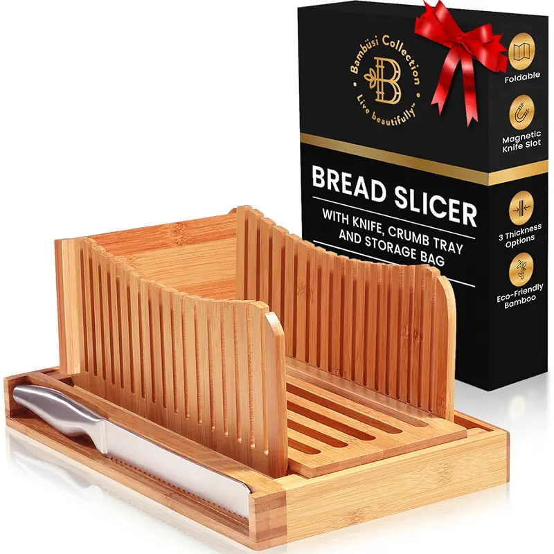 Bambüsi Bread Slicer for Homemade Bread with Knife Sourdough Cutter, Bamboo | Folds Flat for Compact Storage, 3-Thickness Slice Options, Serrated Steel Knife, Manual, Fits Loaves, Bagels, Sourdough, Cake