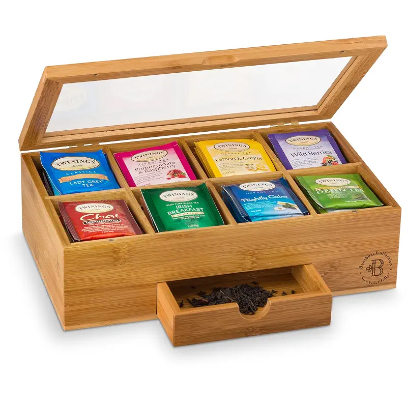 Tea Bag Organizer Box 8-Compartment Tea Storage Holder, Bamboo | Clear Acrylic Lid, Magnetic Closure, Pull-Out Drawer for Loose Tea and Sweeteners, Tea Caddy Gift for Tea Lovers