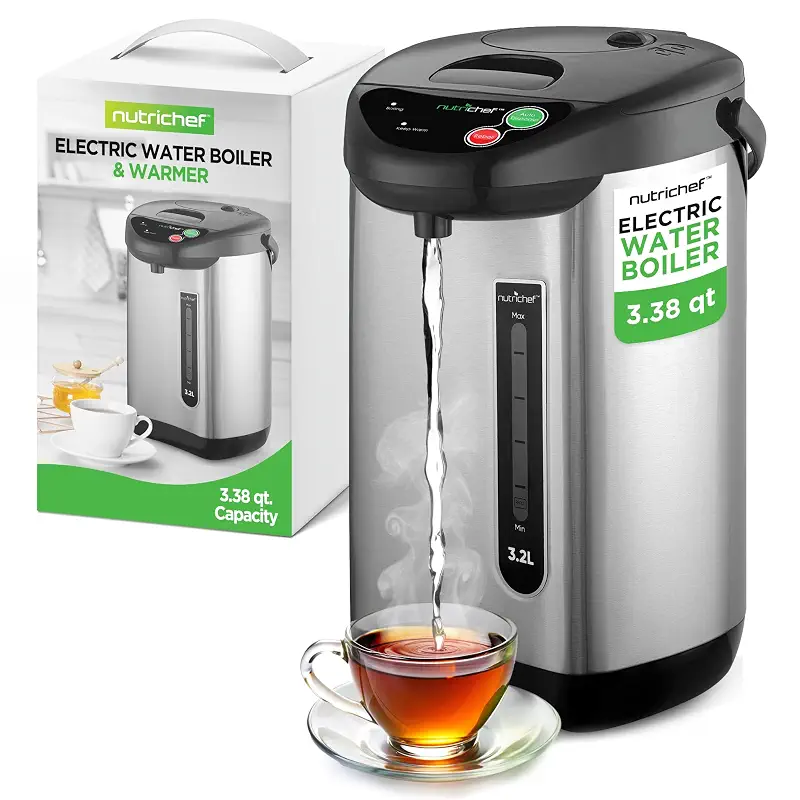 NutriChef Hot Water Urn Pot Insulated Stainless Steel,Auto & Manual Dispense,Auto Boiler,Safety Lock Shutoff 3.38 QT /3.2L - Auto Boiler Shut Off - PKWK43