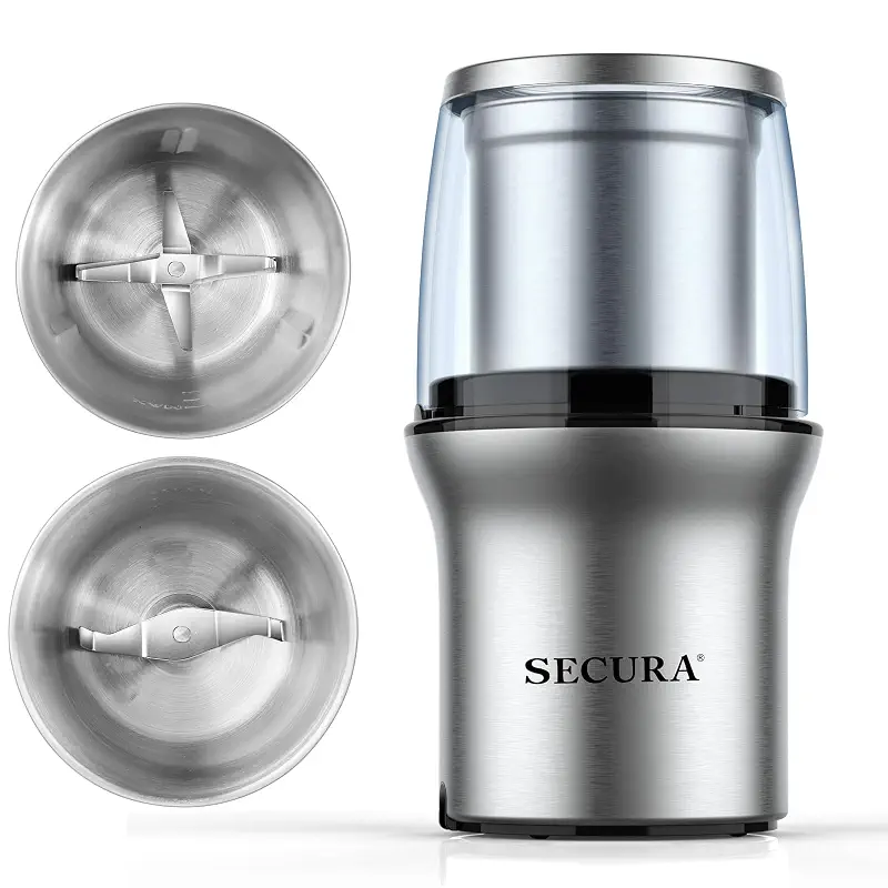 Secura Electric Coffee Grinder and Spice Grinder with 2 Stainless Steel Blades Removable Bowl | 2 Stainless Steel Blades Removable Bowls, For Spice, Coffee Bean, Dry and Wet Ingredients Grinding