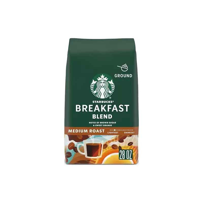 Starbucks Ground Coffee, Medium Roast Hot or Iced Coffee, Breakfast Blend, 28 oz ​ | 100% Arabica ground coffee; Medium Roast Breakfast Blend; 1 bag, 28 oz