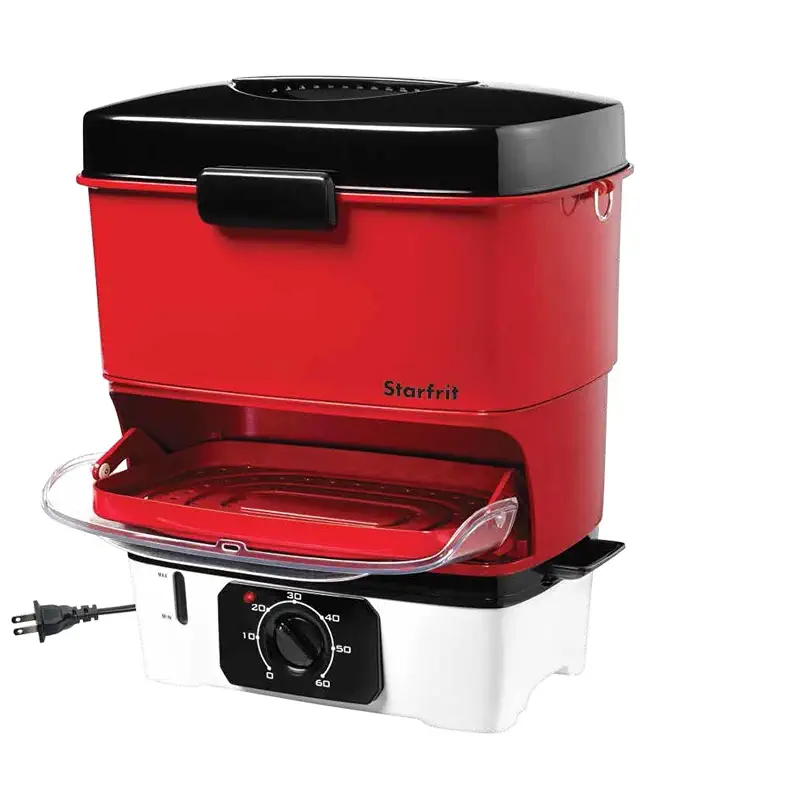 Starfrit Electric Hot Dog Steamer, 12 Hot Dogs, 800W, 60-Min Timer, Red | Cooks 12 hot dogs & buns. Adjustable 60-min timer. Ready in about 12 minutes. Compact nestable storage. 800W fast steaming.