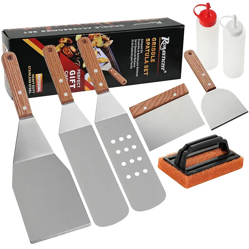 ROMANTICIST 8pcs Professional Griddle Accessories Kit - Heavy Duty Stainless Steel Grill Spatula Set for Grill Griddle Hibachi Flat Top Outdoor Cooking - Great Grill Gift on Birthday Wedding