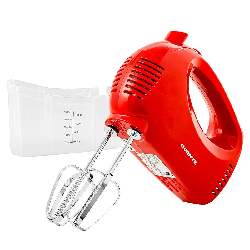 OVENTE 5-Speed Electric Hand Mixer with Storage Case,150W, Red HM151R | Stainless Steel Whisks, Compact Portable Design, Lightweight Handheld Mixer for Baking & Cooking