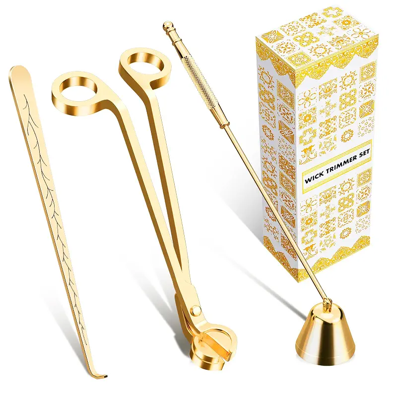 calary Candle Wick Trimmer, Candle Snuffer and Wick Dipper & Candle Accessory Set, 3 in 1 Candle Care Kit for Candle Lover (Gold)