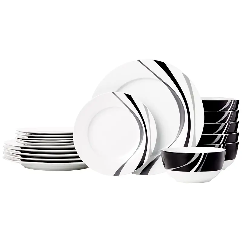 Amazon Basics 18-Piece Complete Kitchen Dinnerware Set, Microwave and Dishwasher Safe, Plates, Dishes, Bowls, Swirl, Heat Resistant, Service for 6, Everyday Use