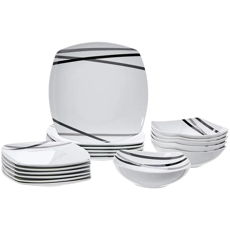 Amazon Basics Square Dinnerware Set for 6, Plates and Bowls for Kitchen, 18-Piece, Dishwasher and Microwave Safe, Modern Beams