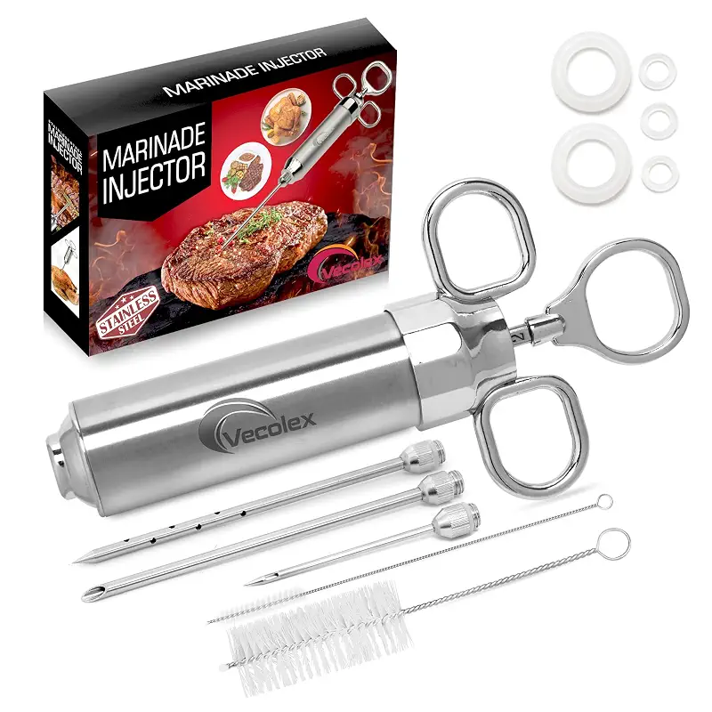 Stainless Steel Meat Injector, 2 Oz Turkey Injector | 304 Stainless Steel, 3 Needles, 3 Brushes, Spare O Rings, BBQ Turkey & Brisket, Food Injector