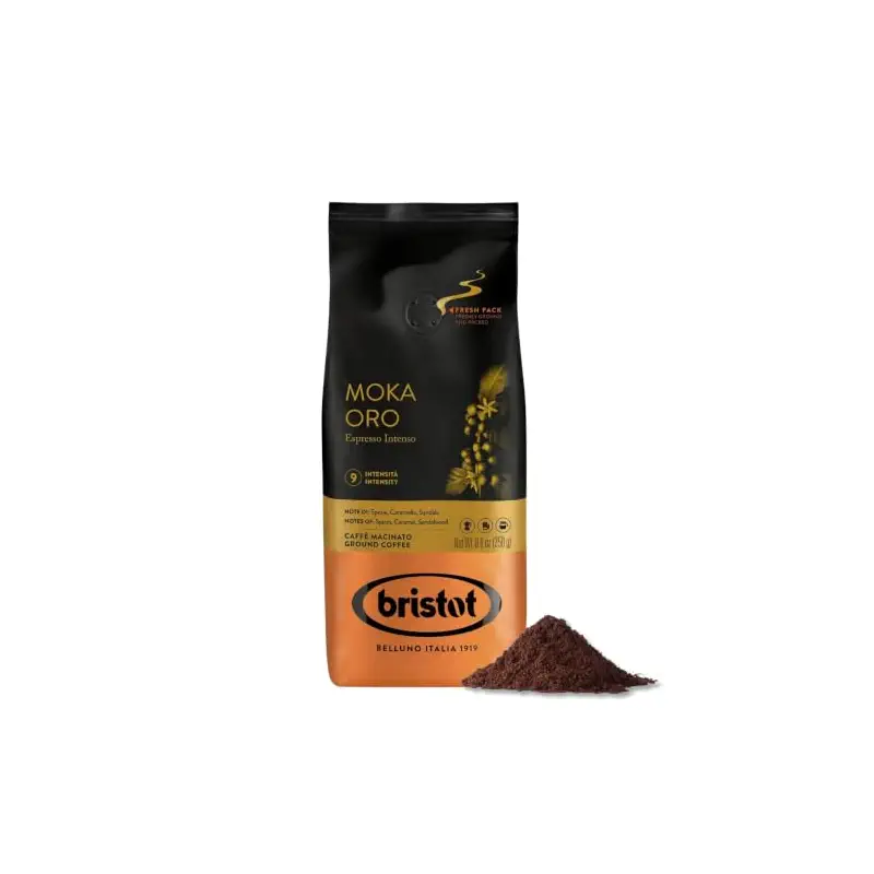 Bristot Moka Oro Ground Coffee – Italian Espresso – Medium Roast – Notes of Spices, Caramel & Sandalwood – For Moka, French Press, Pour Over – 8.8oz (250g)