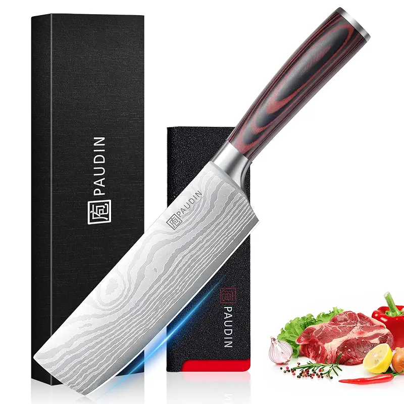 PAUDIN Nakiri Knife - 7" Razor Sharp Meat Cleaver and Vegetable Kitchen Knife, High Carbon Stainless Steel, Multipurpose Asian Chef Knife for Home and Kitchen with Ergonomic Handle