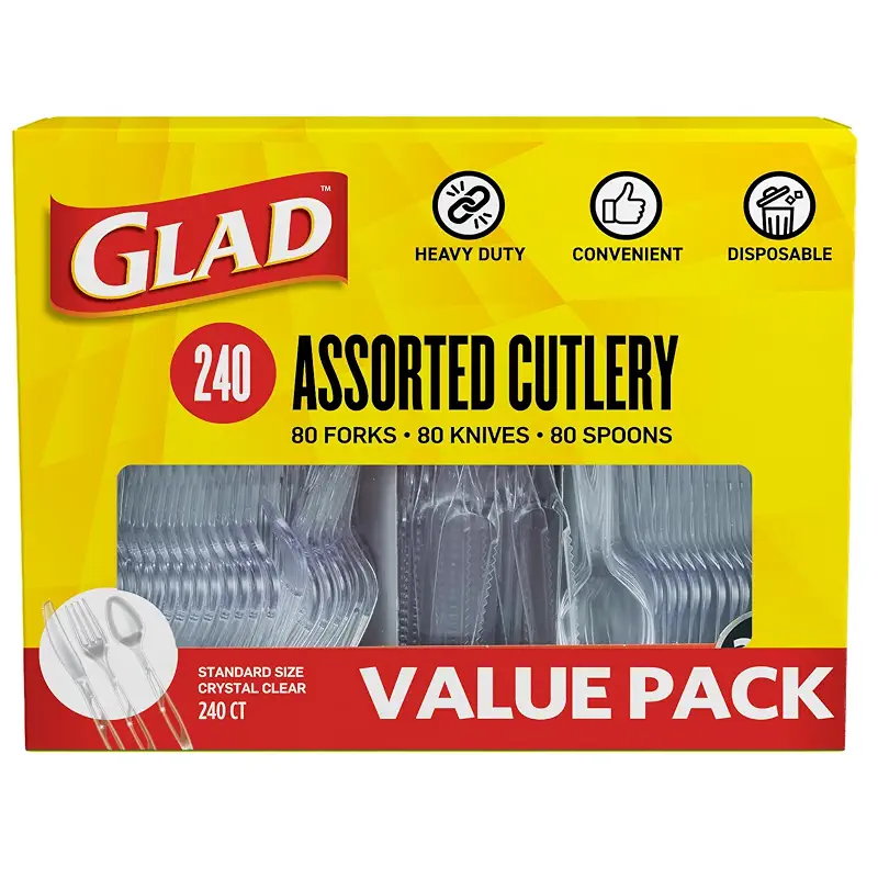 Glad Clear Disposable Cutlery Set, Forks Knives and Spoons, 240 Count | Heavy-duty, dishwasher-safe plastic utensils reusable for parties and everyday meals