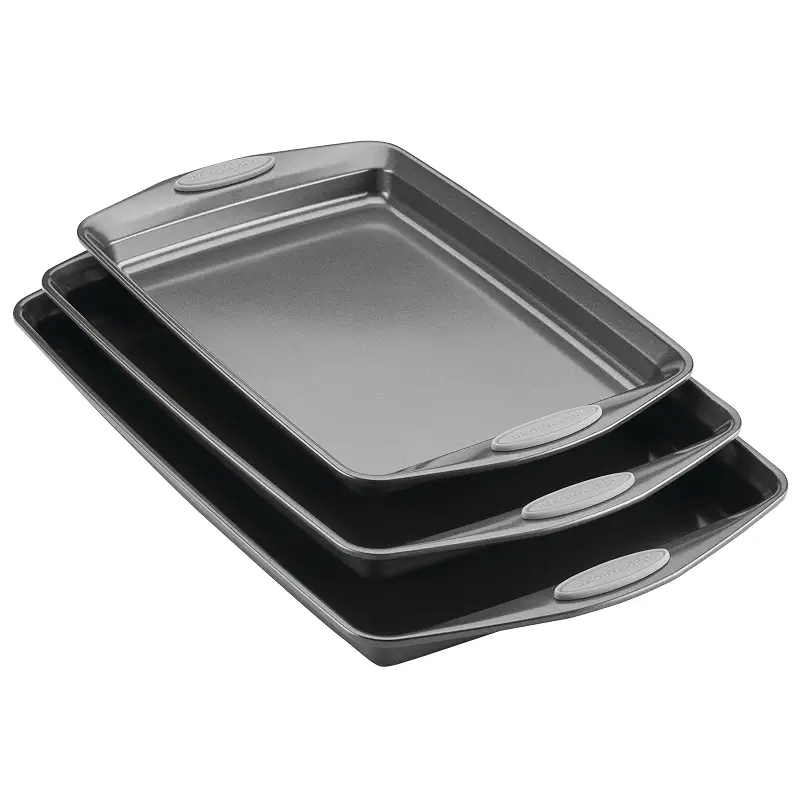 Rachael Ray Bakeware Nonstick Cookie Pan Set, Baking Pans Set, 3 Piece | Easy cleanup, baking sheets non stick, sheet pans for baking, 500Â°F oven safe, gray with sea salt gray silicone grips
