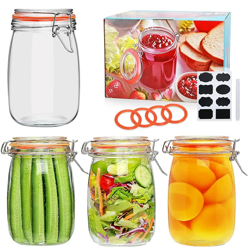 32 oz Wide Mouth Mason Jars with Airtight Hinged Lids, Large Glass Jar with Lid for Pickling, Fermentation, Canning, Food Storage – Set of 4 Glass Storage Containers