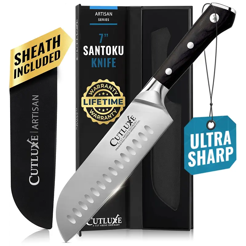 Cutluxe Santoku Knife, 7" Meat & Vegetable Chopping Knife – Sheath Included | Forged High Carbon German Steel, Full Tang Razor Sharp – Ergonomic Handle, Artisan Series
