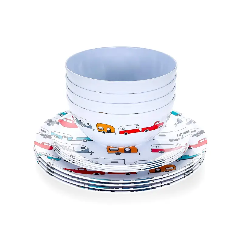 Camco Life is Better at The Campsite Dishware Set | Features a Virtually Unbreakable Melamine Construction, is Top Rack Dishwasher Safe, and has a Multicolored RV-Themed Design | 12-Piece (53297)