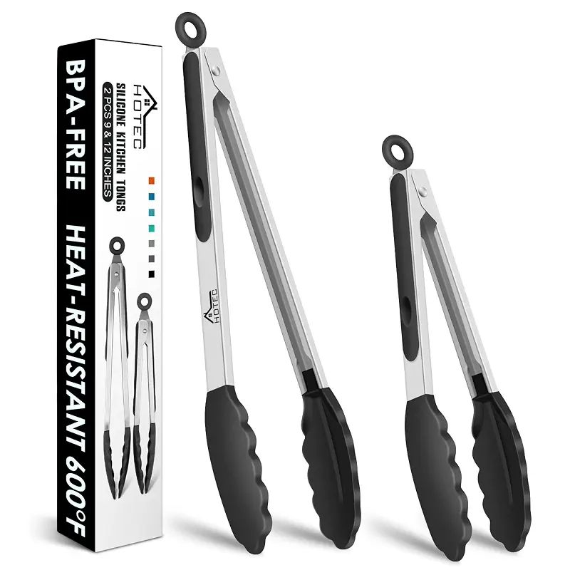 HOTEC Premium Stainless Steel Locking Kitchen Tongs with Silicon Tips, Set of 2-9" and 12"