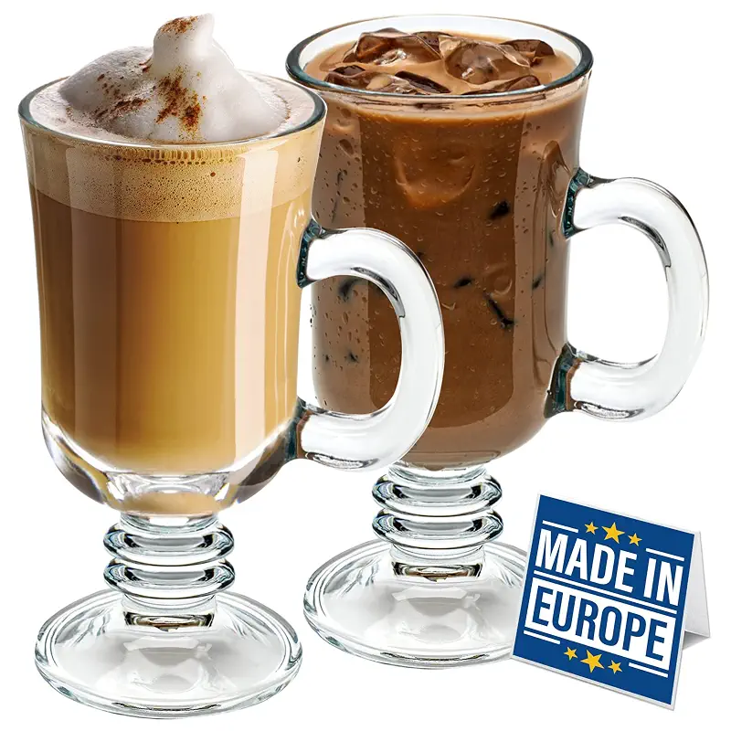 Volarium Irish Coffee Glass Mugs, Latte Cups, Set of 2 Cappuccino and Hot Chocolate Mugs with Handle, Clear Glass Cups for Hot Beverages, 7 3/4 oz