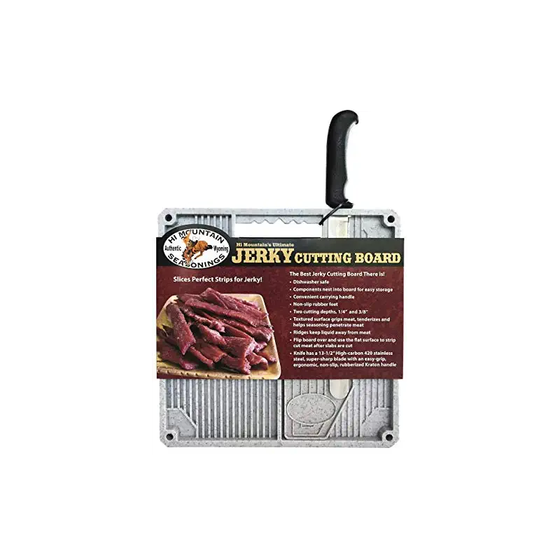Hi Mountain Beef Jerky Slicer Kit | Knife & Meat Slicing Cutting Board | Creates uniform 1/4" & 3/8" meat strips for homemade beef, venison & wild game jerky. Dishwasher-safe cutting board