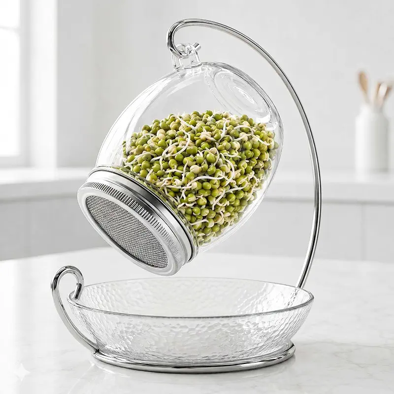 Premium Sprouting Jar Kit - Unique 30 oz Wide Mouth Sprouting Jar, Stand, Tray and 316 Stainless Screen Lid | Decorative Indoor Seed Sprouter and Germinator (1 Kit)