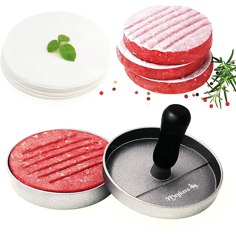 Meykers Burger Press 150 Patty Papers Set | Non-Stick Hamburger Press Patty Maker Mold with Free Wax Paper Sheets | Meat Beef Cheese Veggie Burger Maker for Grill Griddle BBQ Barbecue | BPA Free
