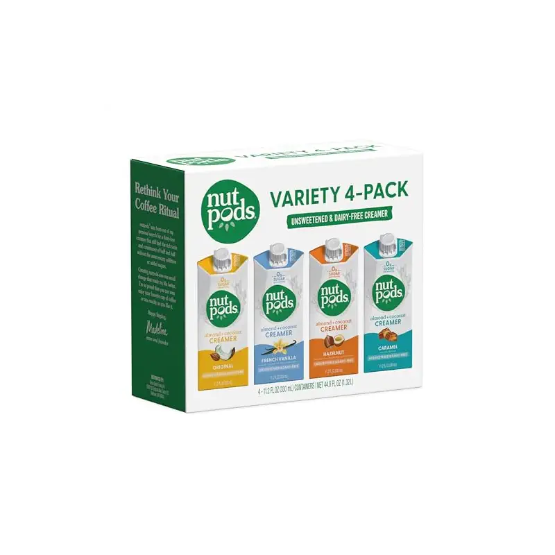 nutpods Variety Pack Unsweetened Non Dairy Coffee Creamer, 4-Pack | French Vanilla, Hazelnut, Caramel, Original. Whole30, keto, zero sugar, gluten free, non-GMO, vegan, kosher.