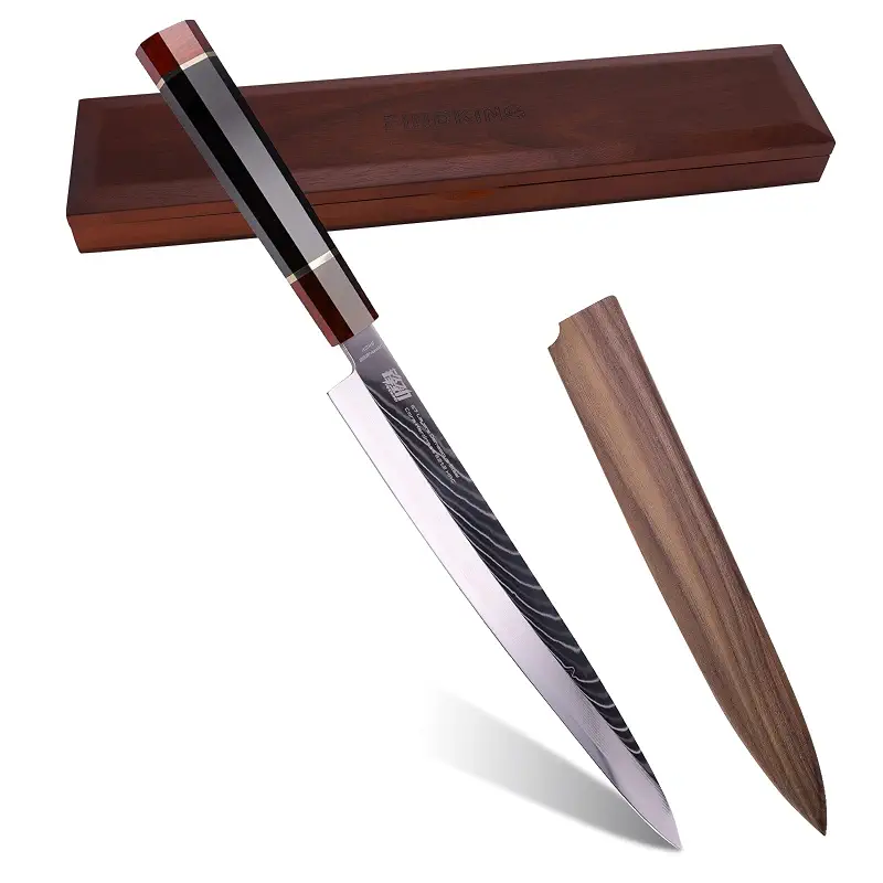 FINDKING Prestige Series Yanagiba Knife, 10.5 Inch Japanese SKD11 Damascus Sashimi Sushi Knife, Single Bevel Blade with Walnut Saya, Ebony Octagonal Handle & Wooden Gift Box