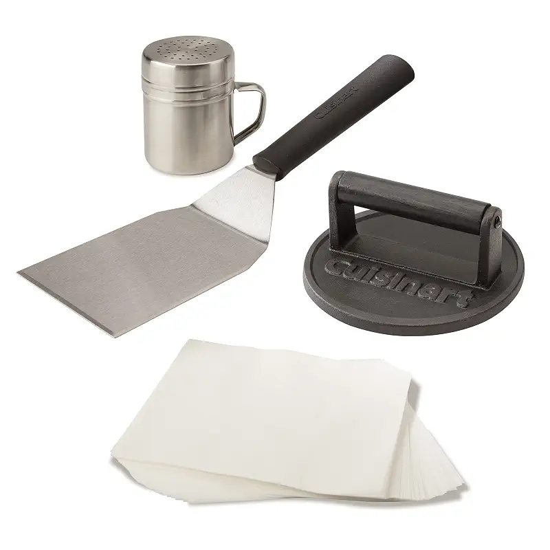 Cuisinart Smash Burger Kit w/Burger Press, Spatula, Shaker & Patty Papers | Smash burger press kit for a cookout or tailgate with stainless steel accessories and a cast iron hamburger press, CSBK-400
