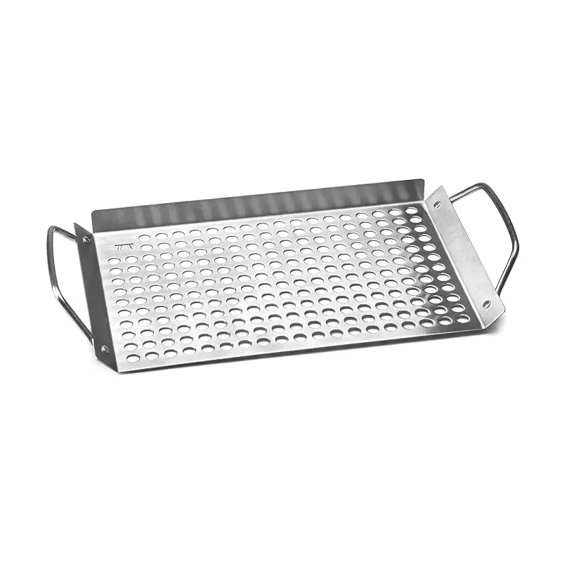 Outset 76631 Stainless Steel Grill Topper Grid, 11"x7" BBQ Pan With Handles | Stainless Steel Grill Topper | BBQ Veggie Grill Tray | Easy to Carry | Seafood Grill Tray With Holes | Infuses Flavor