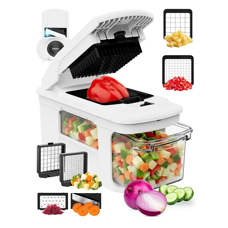 Fullstar Pro XL Vegetable Chopper & Mandoline Slicer w Pull-Out Catch Tray | 4 in 1 Veggie, Onion & Fruit Slicer, Dicer & Grater with Sharp Stainless Steel Blades - XL Food Prep Set (White)