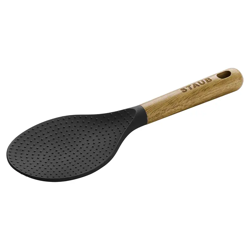 STAUB Rice Spoon, Perfect for Keeping Rice Fluffy While Scooping and Serving, Durable BPA-Free Matte Black Silicone, Acacia Wood Handles, Safe for Nonstick Cooking Surfaces, 8.75 x 3 x 0.75 inches | Food Safe Silicone Rice Spoon, Heat-Resistant Silicone Head, Durable Acacia Wood Handle. Safe for All Cookware Surfaces.