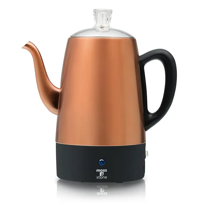 Moss & Stone 10 Cup Copper Electric Percolator Coffee Pot, Stainless Steel | Coffee percolator electric keep warm function, removable basket, classic perculator design, ideal for home, camping or office