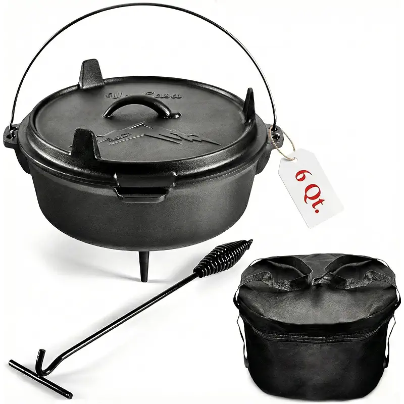 Uno Casa 6Qt Cast Iron Camping Dutch Oven with Lid Lifter and Storage Bag - Pre-Seasoned Outdoor Dutch Oven for Campfire Cooking, Stews, and Baking - Durable Cast Iron Pot for Camping and Hiking